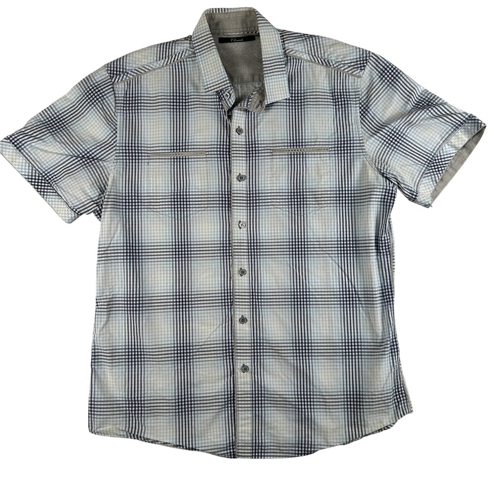 7 Diamonds Shirt Mens Large Blue Plaid Short Sleeve Button Front Zip Pockets